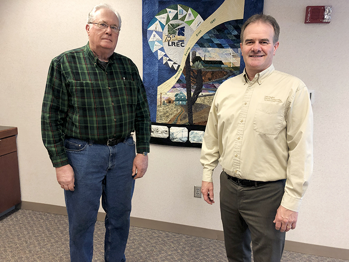 Outgoing Lake Region Electric board member Charles Kvare, left, and Tim Thompson, chief executive, at the cooperative’s headquarters, just south of Pelican Rapids.